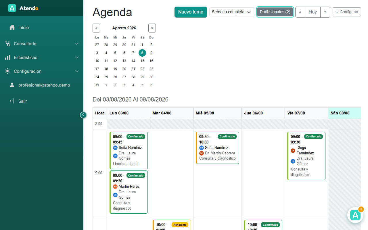 Agenda semanal de turnos en Atendo